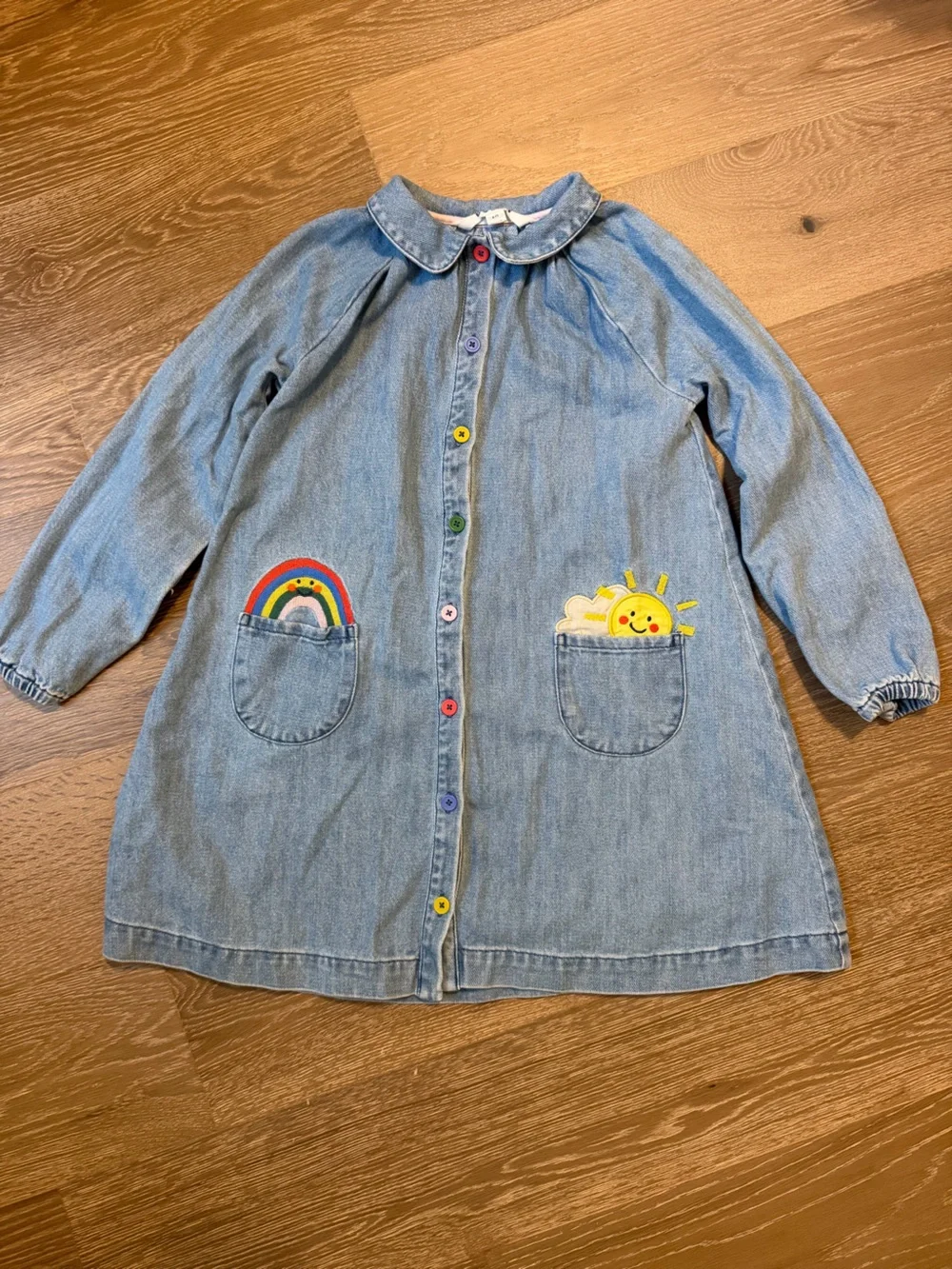Mini Boden Light Blue Denim Dress with Rainbow and Sunny Pocket Embroidery